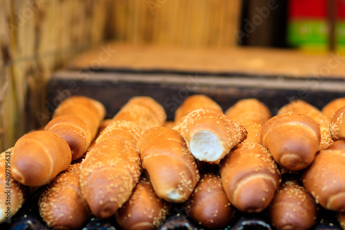 A pile of fresh baguettes at the Mahane Yehuda market in Jerusalem