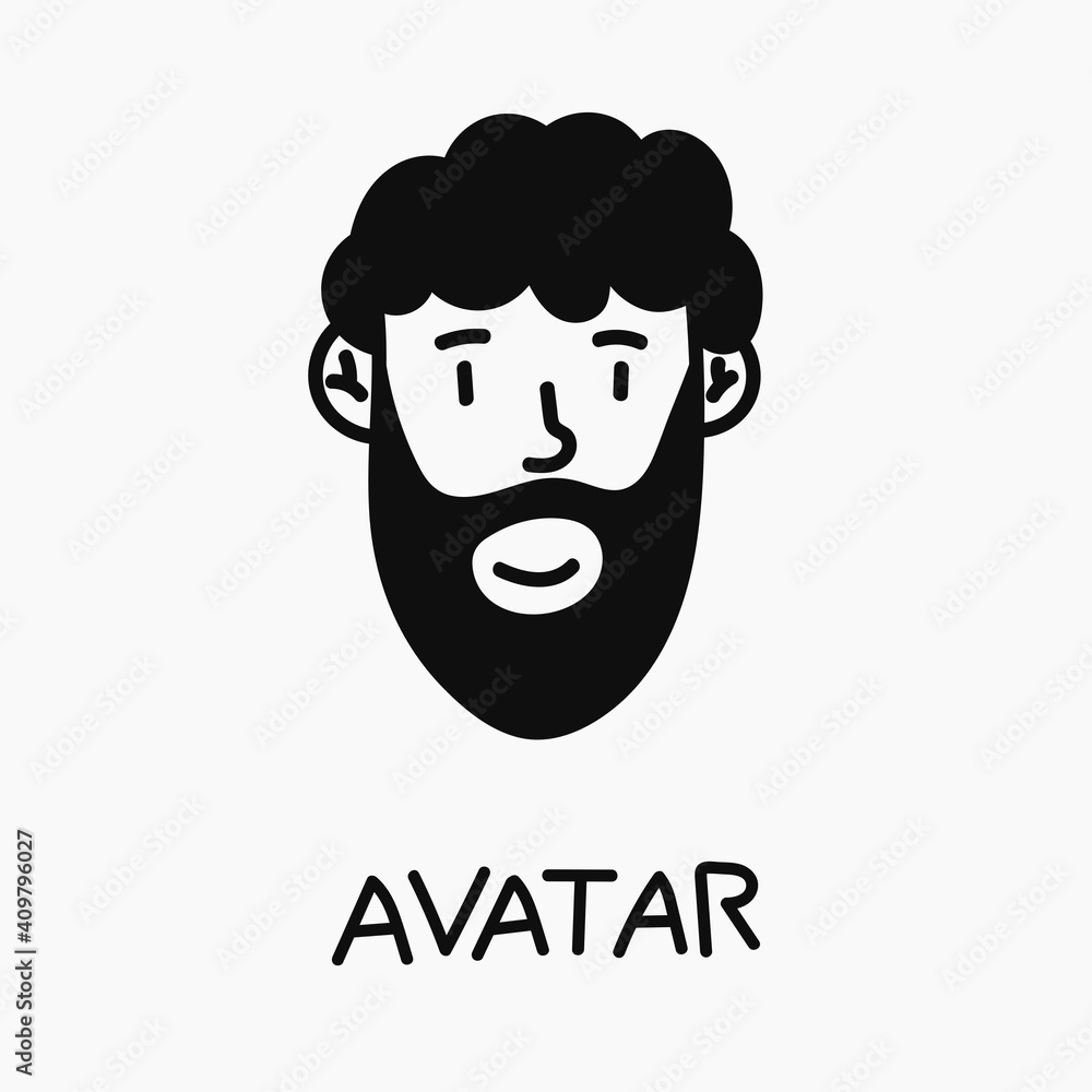 Black and white doodle man face with beard. Hand drawn happy guy. Male portrait for social media and website. Person avatar in isolation on white background, profile icon Black and white doodle man face with beard. Hand drawn happy guy. Male portrait for social media and website. Person avatar in isolation on white background, profile icon