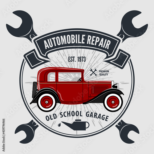 Car repair service, vintage Logo design concept with classic retro car. Vector illustration	