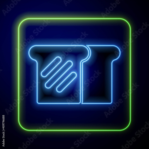 Glowing neon Bread toast for sandwich piece of roasted crouton icon isolated on blue background. Lunch, dinner, breakfast snack. Vector.