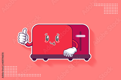 DUMB, FUNNY, TONGUE, CHEERFUL Face Emotion. Thumb Up Finger Hand Gesture. Toaster Cartoon Drawing Mascot Illustration.