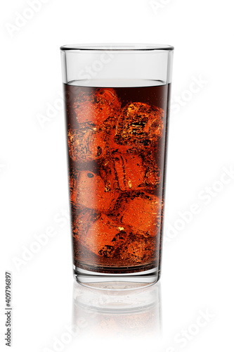 Cola in glass with ice isolated on white. 3D rendering.