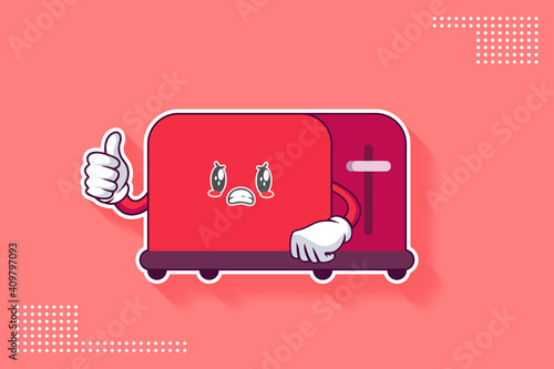 ANGRY, MAD, BAD MOOD Face Emotion. Thumb Up Finger Hand Gesture. Toaster Cartoon Drawing Mascot Illustration.