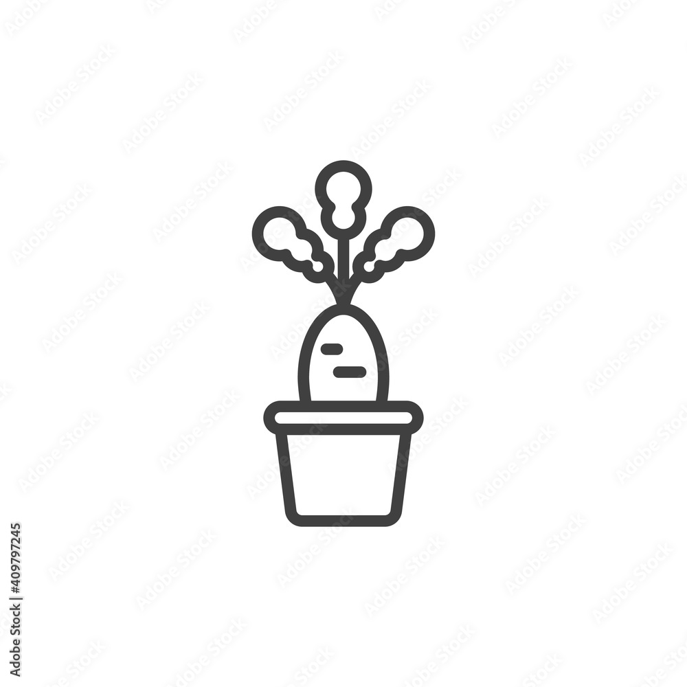 Carrot in pot line icon. linear style sign for mobile concept and web design. Easter carrot outline vector icon. Symbol, logo illustration. Vector graphics Carrot in pot line icon. linear style sign for mobile concept and web design. Easter carrot outline vector icon. Symbol, logo illustration. Vector graphics