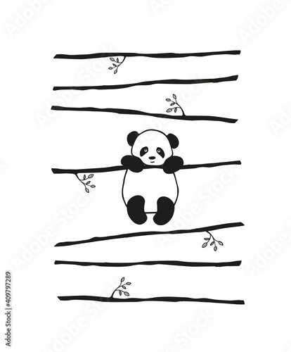 Vector print cute little Panda bear hanging on a branch,on striped background.Typography for children's printing T-shirts.