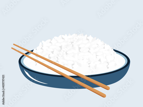 Rice dish and chopsticks icon on blue background vector illustration.