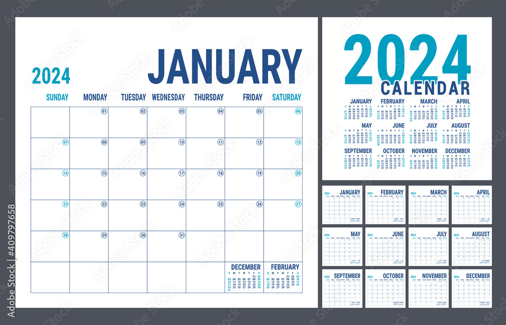 Calendar 2024 year. English planner template. Vector square grid