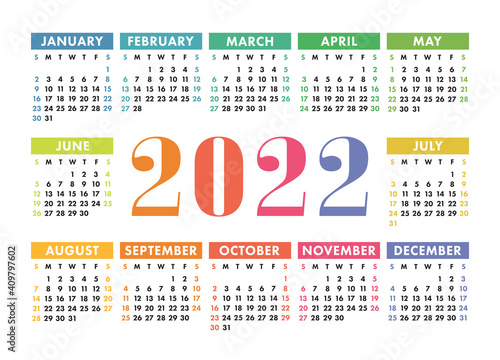 Calendar 2022. English colorful vector horizontal wall or pocket calender template. Design. New year. Week starts on Sunday