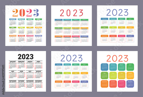 Calendar 2023 year. English colorful vector set. Square wall or pocket calender template. Design collection. New year. Week starts on Sunday