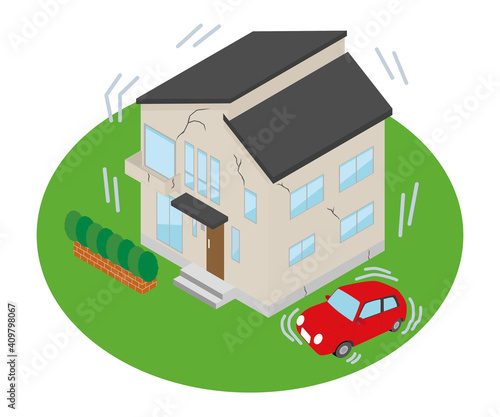 地震で揺れる家の壁に亀裂が入るイラスト