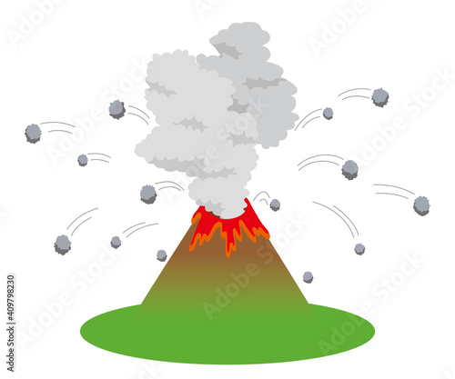 噴火して噴煙を上げ、噴石を飛ばす火山のイラスト