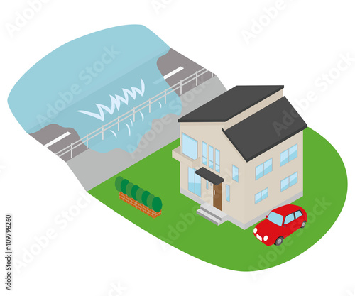 住宅近くの河の水が堤防を越水しているイラスト