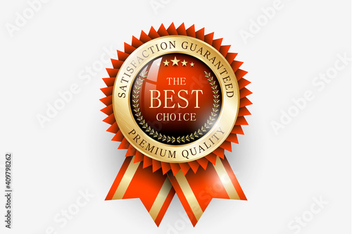 Premium quality / Best choice medal. Realistic golden - red label - badge, best choice with ribbon. Realistic icon isolated on transparent background. Vector illustration EPS10