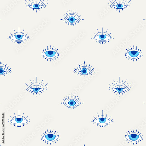 Eyes seamless pattern. Mystic evil eye boho print. Vector background on the topic of magic and esotericism. Ethnic protection amulet. Turkish wallpaper.