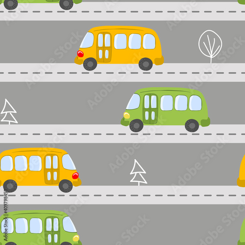 Seamless pattern with cute bus on color background. Cartoot transport. Vector illustration. Doodle style. Design for baby print, invitation, poster, card, fabric, textile.