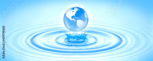 Save clean water, globe world for environmental, ecology, nature, pure water, skincare, keep ocean sea concept. Planet Earth drop into Blue wave make splash water with copy space text World Water Day.