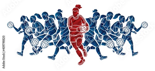 Group of Gaelic Football Women Players Action Cartoon Graphic Vector.