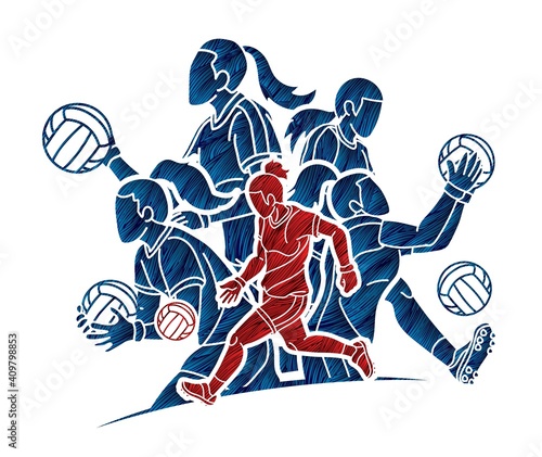 Group of Gaelic Football Women Players Action Cartoon Graphic Vector.