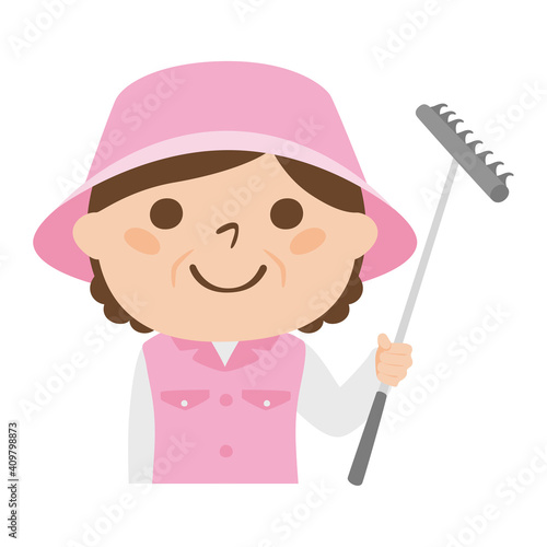 ゴルフ場で働く女性キャディのイラスト。ゴルフバンカーで使うレーキを持った女性。