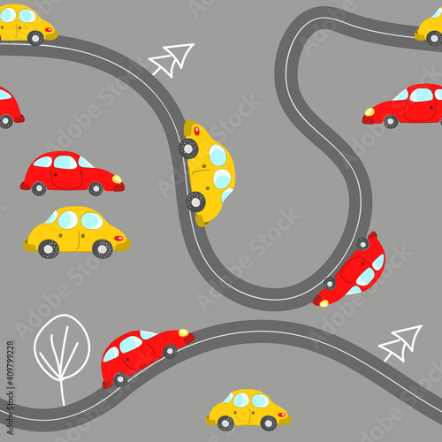 Seamless pattern with cute cars on blue background. Cartoot transport. Vector illustration. Doodle style. Design for baby print, invitation, poster, card, fabric, textile