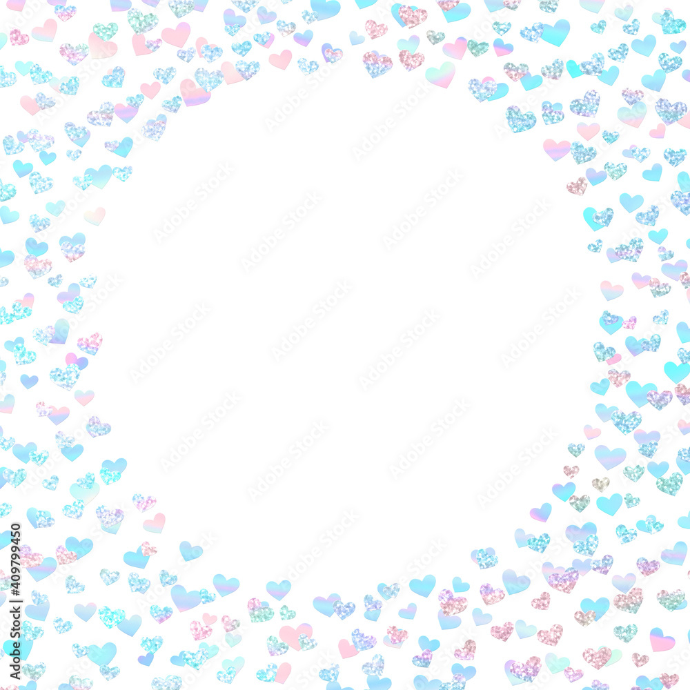 Holo and glitter confetti hearts mix pastel rainbow valentines day circle border frame isolated on white background