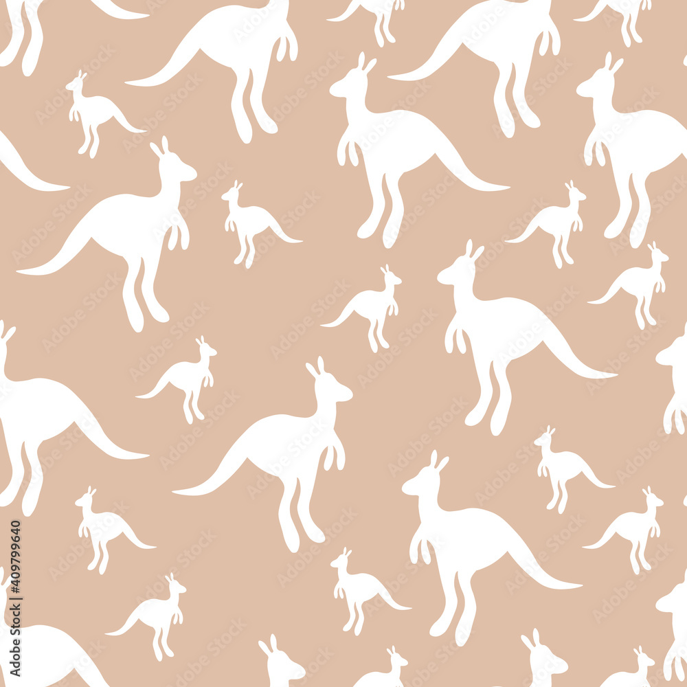 Vector flat illustration with silhouette kangaroo and baby kangaroo on fiery background. Seamless pattern on beige background. Design for card, poster, fabric, textile. Pray for Australia and animals Vector flat illustration with silhouette kangaroo and baby kangaroo on fiery background. Seamless pattern on beige background. Design for card, poster, fabric, textile. Pray for Australia and animals