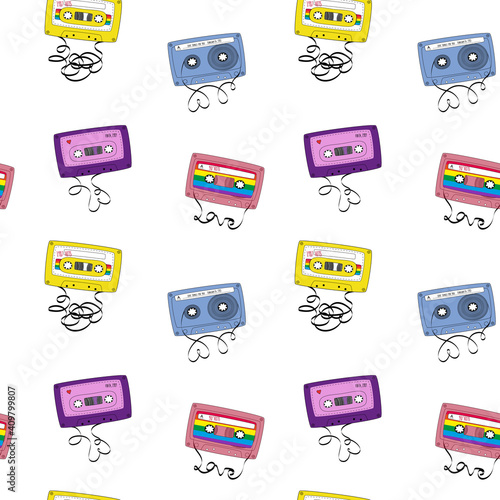Seamless pattern with audio tapes Cassettes. Vector Illustration in doodle style