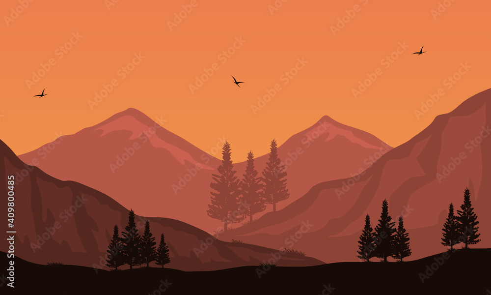 Amazing nature scenery at twilight in the afternoon. Vector illustration