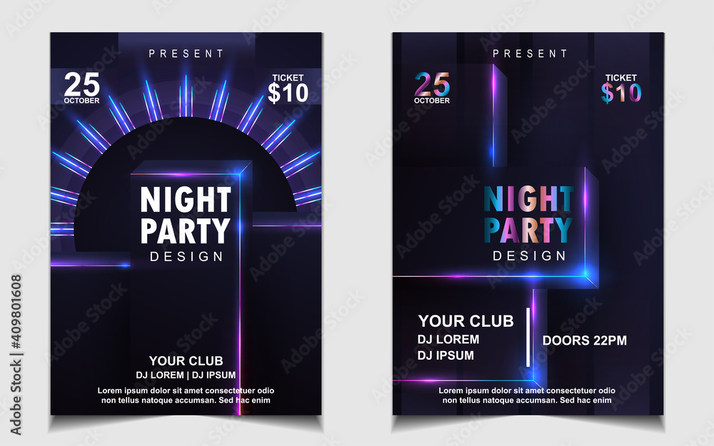 Plakat Night dance party music layout cover design template background with colorful dark blue glitters style. Light electro vector for music event concert disco, club invitation, festival poster, flyer