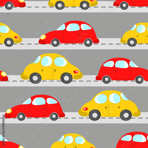 Seamless pattern with cute cars on blue background. Cartoot transport. Vector illustration. Doodle style. Design for baby print, invitation, poster, card, fabric, textile
