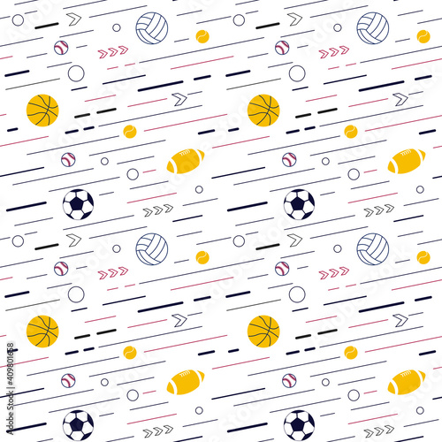 Seamless pattern from sport equipment and dynamics lines. Sport accessories isolated on white background. Contemporary Flat Vector Illustration