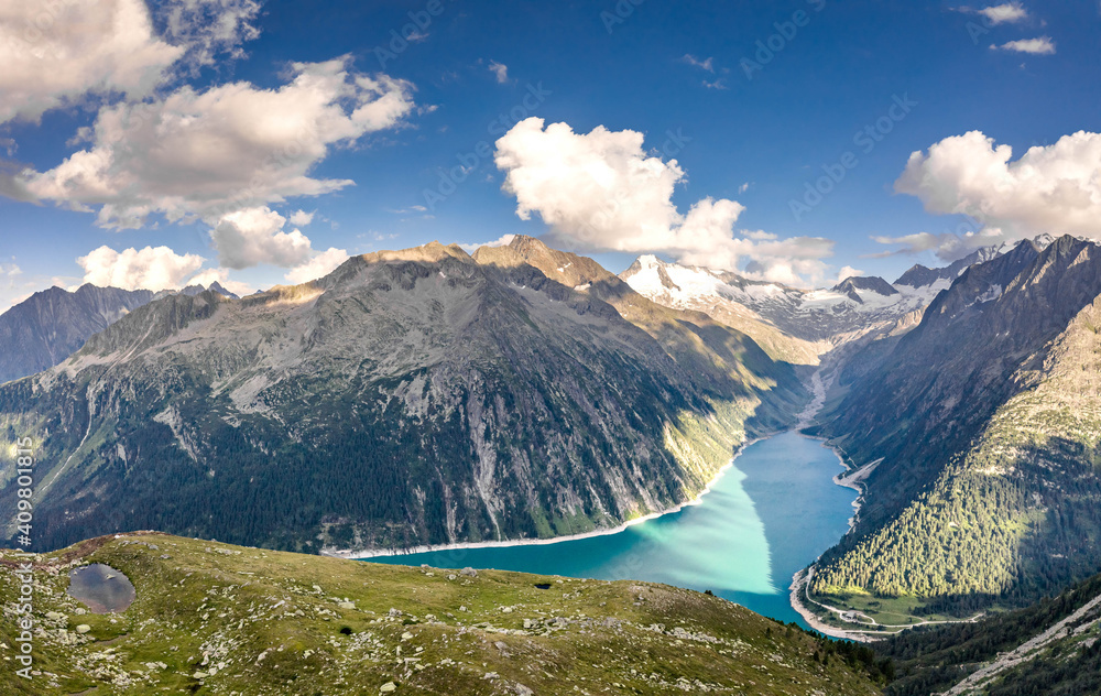 Fototapeta premium Aerial drone shot of Schlegeisspeicher glacier reservoir in zillertal alps in Austria