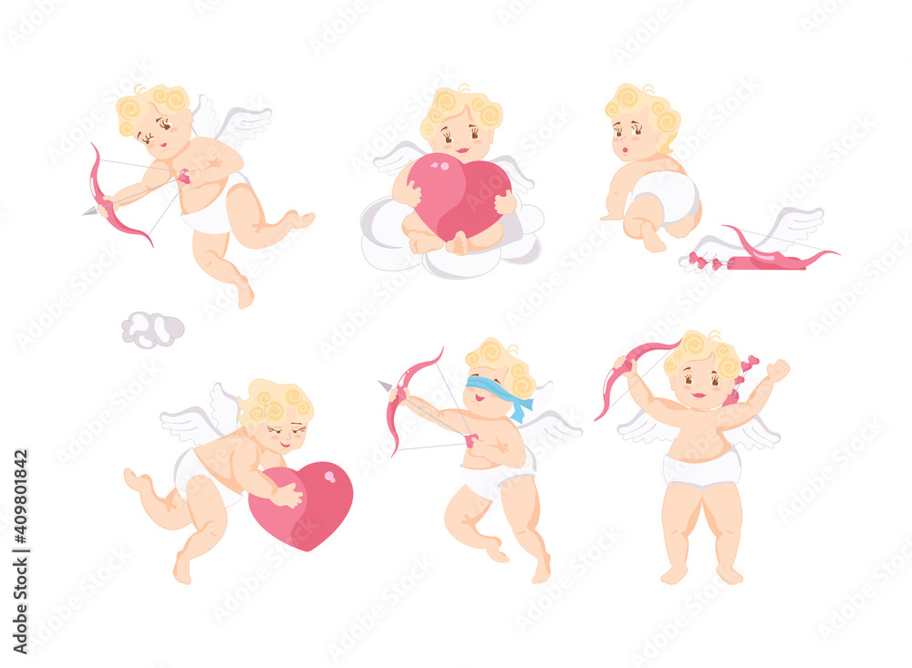 Cute cupid baby collection. Set of Characters aim arrows with a bow, hold big heart or crawls away isolated on white background. Flat Art Vector illustration Cute cupid baby collection. Set of Characters aim arrows with a bow, hold big heart or crawls away isolated on white background. Flat Art Vector illustration