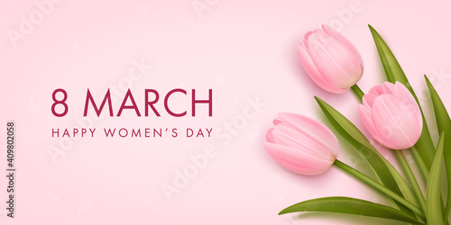 Women's day banner. 8 march holiday background with realistic tulips. Vector illustration for poster, brochures, booklets, promotional materials, website