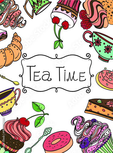 Tea time. Retro set with cups and sweet desserts, hand-drawn vector illustration.