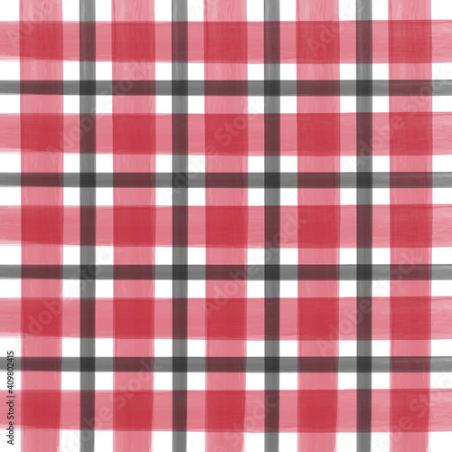 Watercolor Red and white plaid. Red watercolor checkered pattern. 