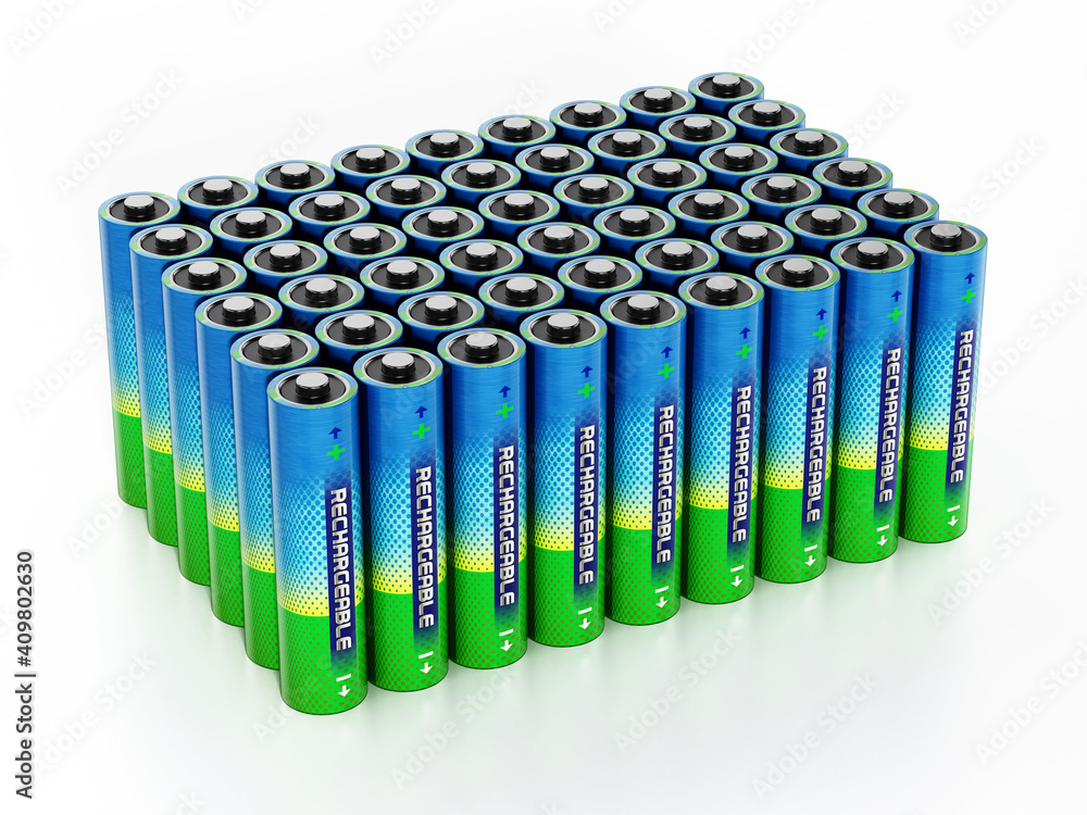 Group of AA sized rechargeable batteries isolated on white background. 3D illustration Group of AA sized rechargeable batteries isolated on white background. 3D illustration
