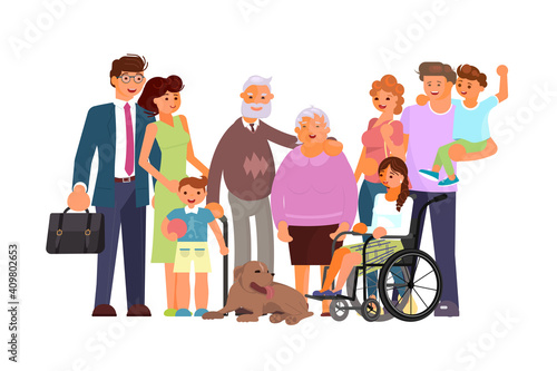 Multi generation family portrait including kids, teen girl in wheelchair, parents and grandparents. Characters isolated on white background. Flat Art Vector illustration