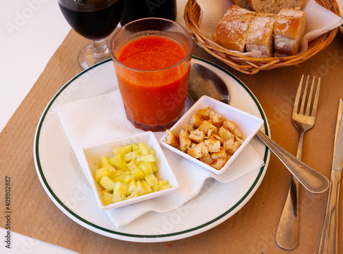Gazpacho is a cold spanish soup from tomatoes  served with cucumbers and baked bread