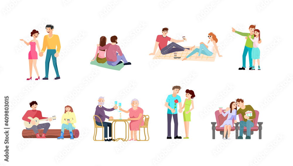 Set of different Adult Couples In Love, young and elderly people on dating. Characters isolated on white background. Flat Art Vector illustration