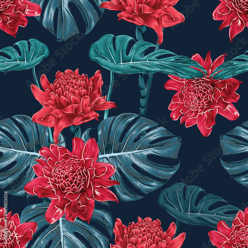 Seamless pattern red Torch ginger flowers and monstera green leaf on isolated dark blue background.Vector illustration dry watercolor hand drawing stlye.Fabric design texitle photo