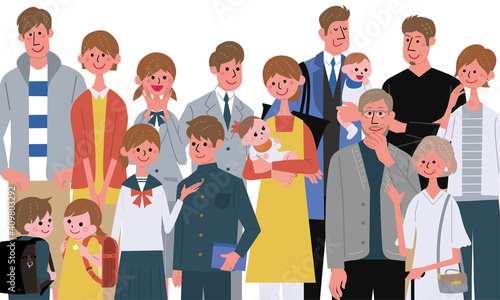 様々な年齢の男性と女性　大人数の人々　イラスト　
