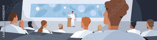 Doctors and scientists listening to speaker at medical conference. Professor of medicine lecturing or presenting scientific research. Colored flat vector illustration of audience at symposium hall