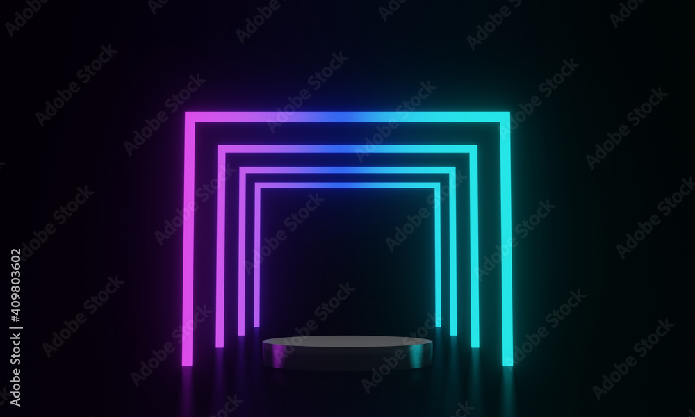 3D rendered black podium and neon light background 3D rendered black podium and neon light background