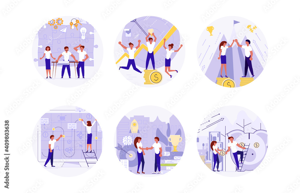 Fototapeta premium Set of startup circle stickers. Start new business project with team concept. Development process, Innovation product, creative idea isolated on white. Flat Art Vector illustration