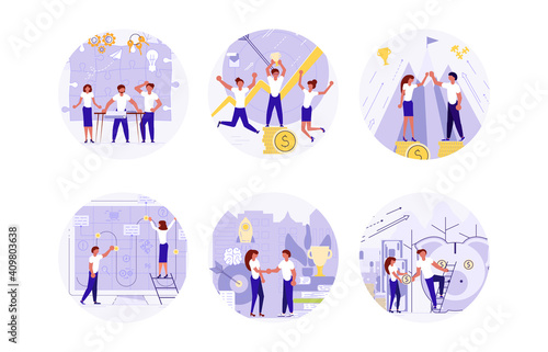 Set of startup circle stickers. Start new business project with team concept. Development process, Innovation product, creative idea isolated on white. Flat Art Vector illustration