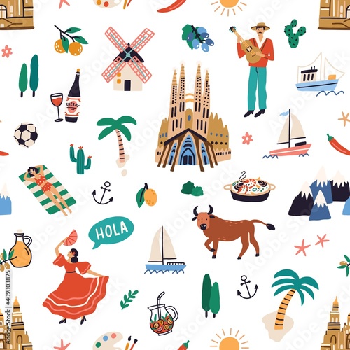 Seamless pattern with famous symbols of Spanish culture. Endless repeatable texture with buildings, dancers, guitar, bulls, food, wine of Spain. Colored flat vector illustration on white background