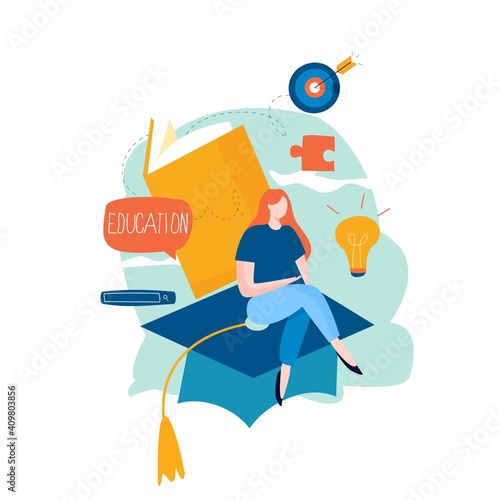 Education, distance education, internet studying, e-learning, remote learning flat vector illustration. Online classes, training courses, tutorials, home learning design for mobile and web graphics