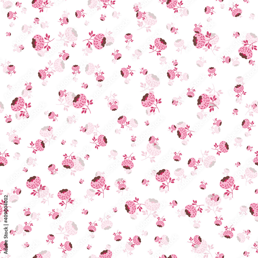 Seamless floral pattern based on traditional folk art ornaments. Pink and white flowers on light background. Scandinavian style. Sweden nordic style. Vector illustration. Simple minimalistic pattern.