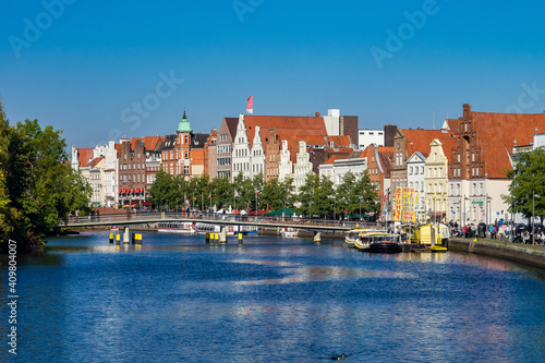 View of the Old Town pier architecture in Lubeck, Germany